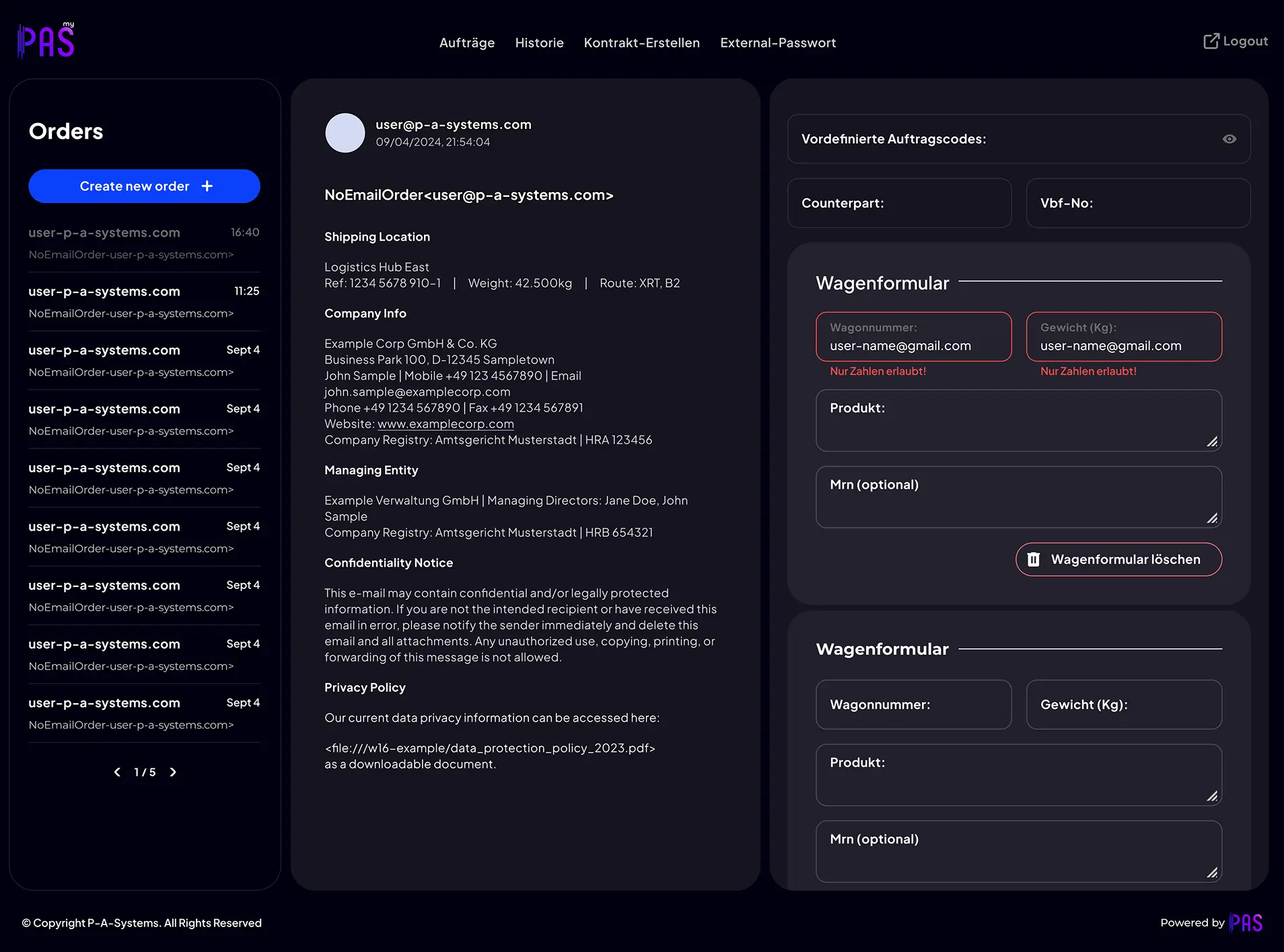 myPAS order processing interface showing extracted e-mail order details, shipping information and editable wagon forms