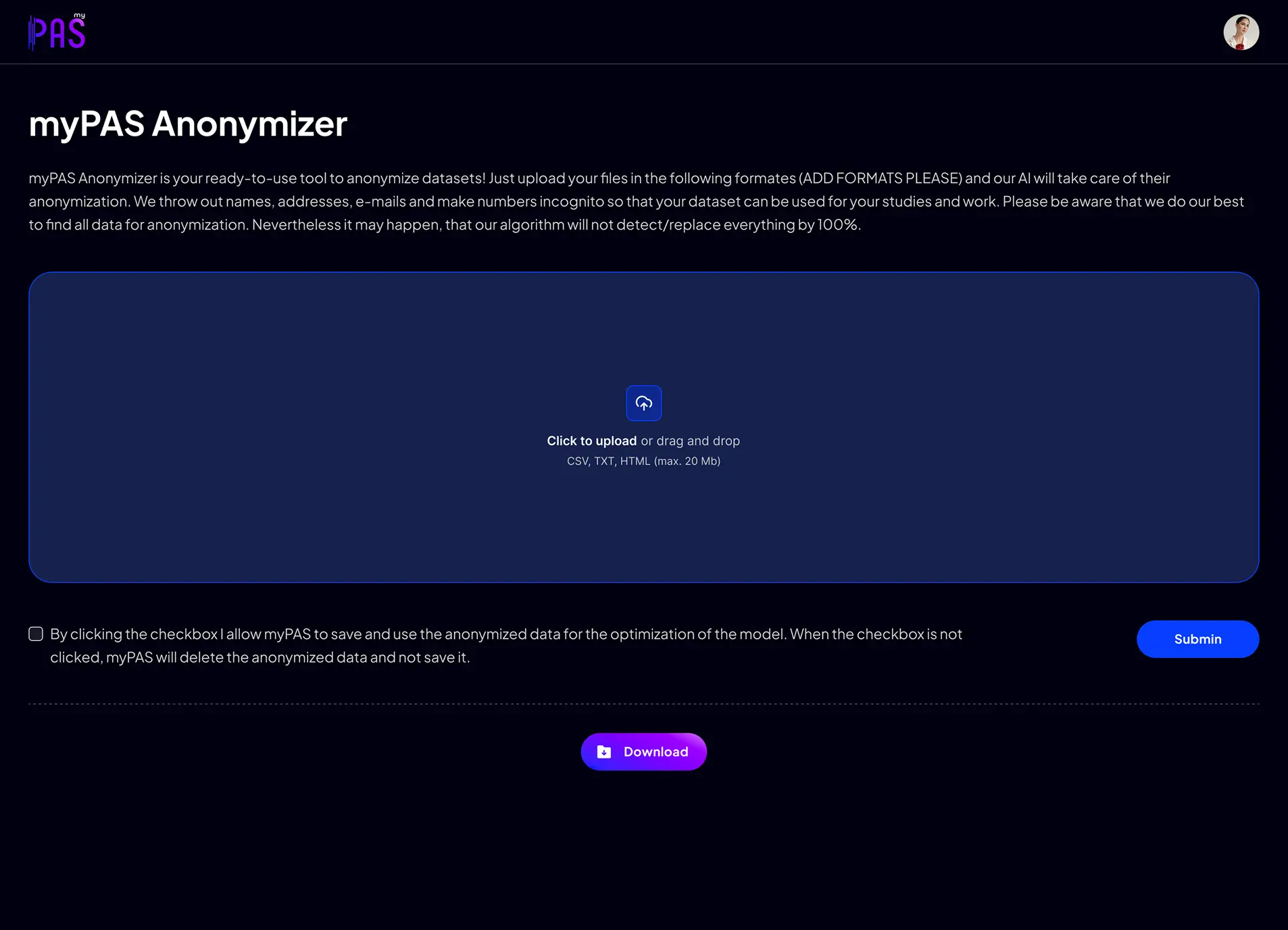 myPAS Anonymizer interface showing file upload area for anonymizing datasets and downloading processed files