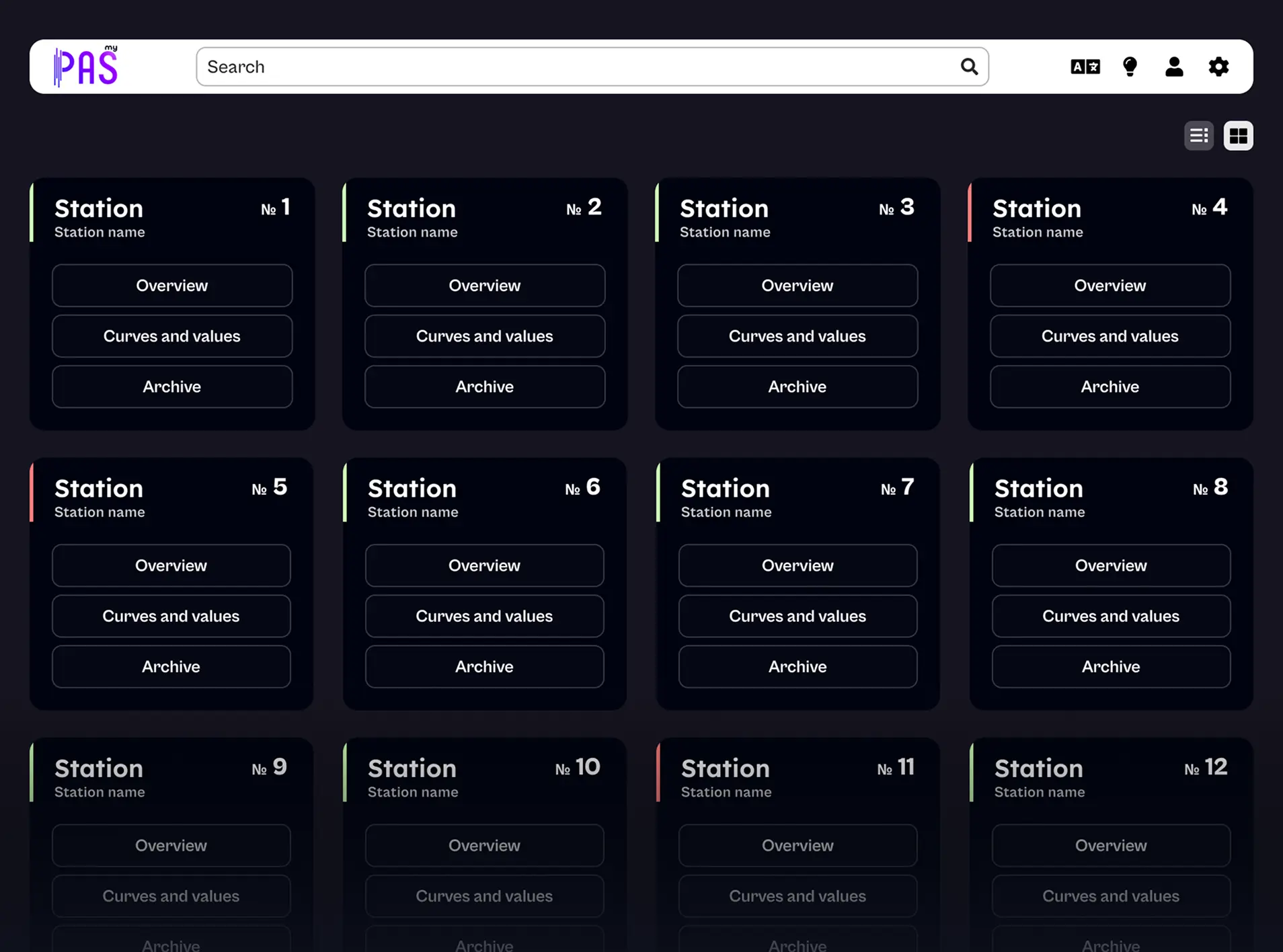 AI-based IoT platform dashboard showing multiple industrial stations with options for overview, curves and values, and archive access