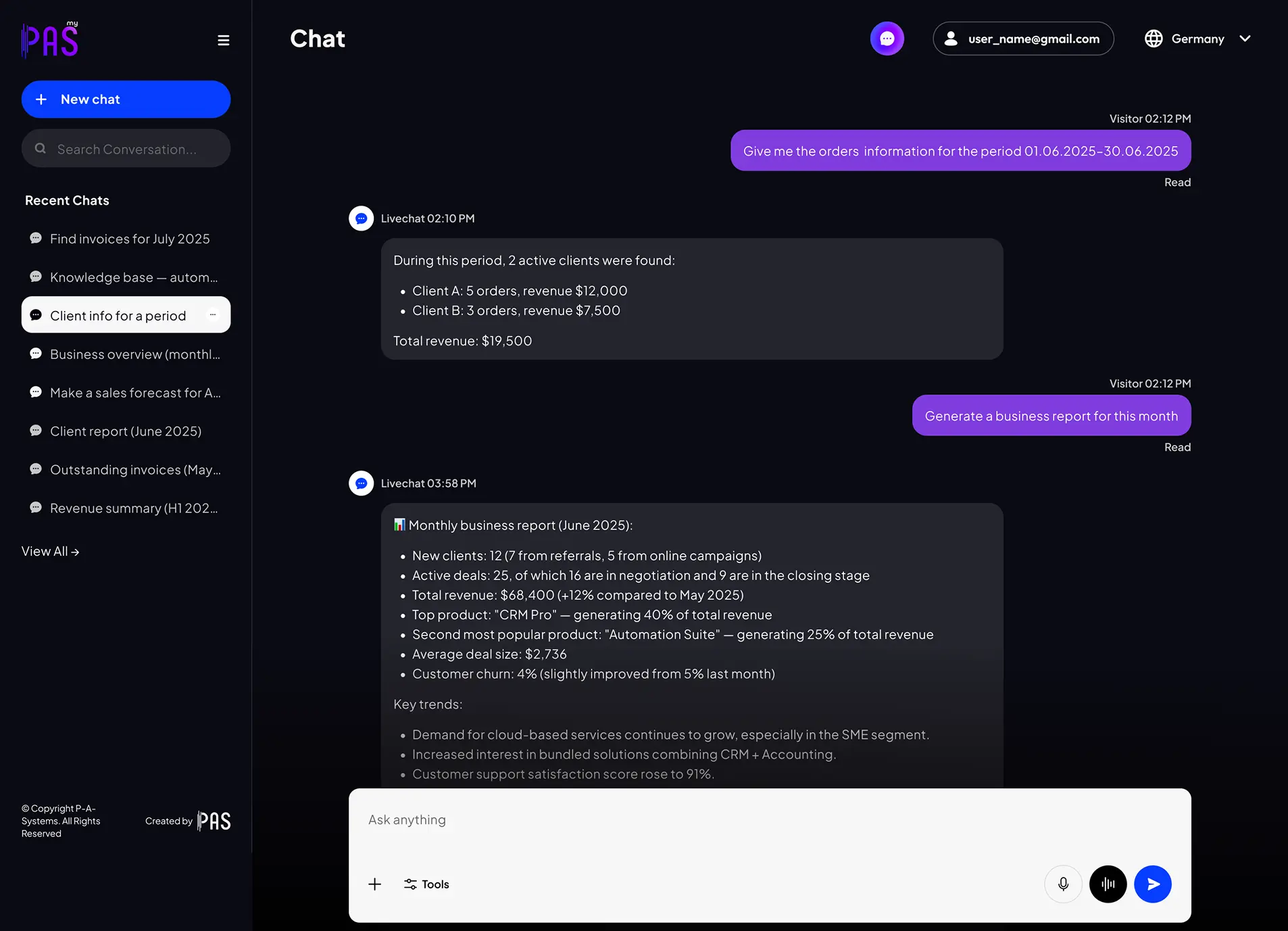 myPAS Knowledge Platform chat interface showing AI-generated business reports and searchable company knowledge conversations