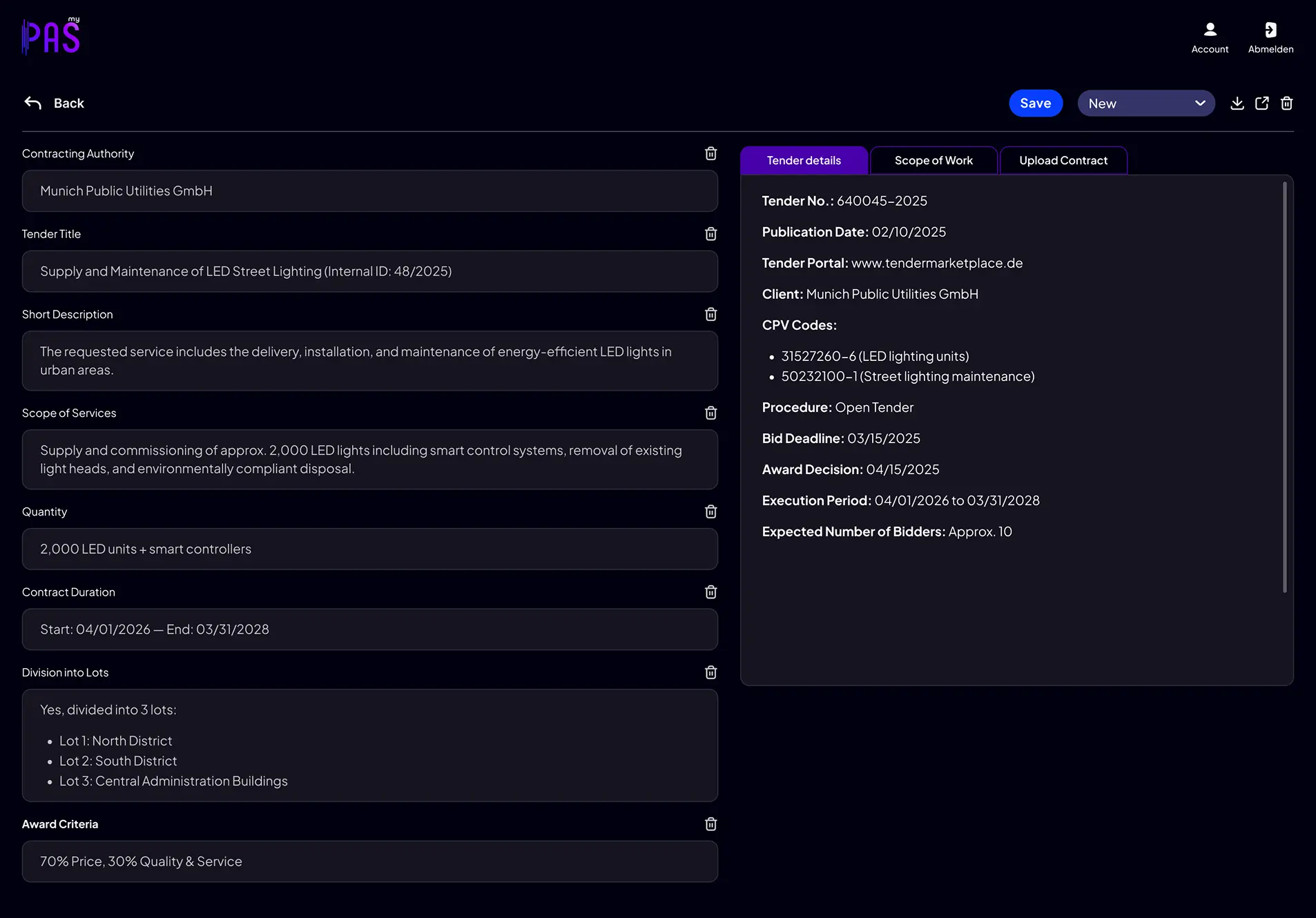 Deals2B tender automation interface showing extracted tender details, scope of work, contract information and editable bid fields
