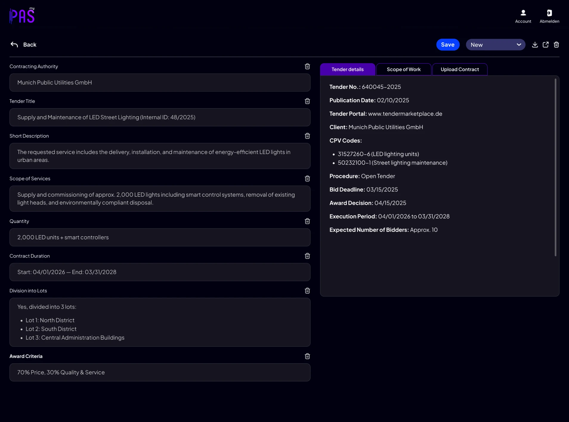 Deals2B tender automation interface showing extracted tender details, scope of work, contract information and editable bid fields