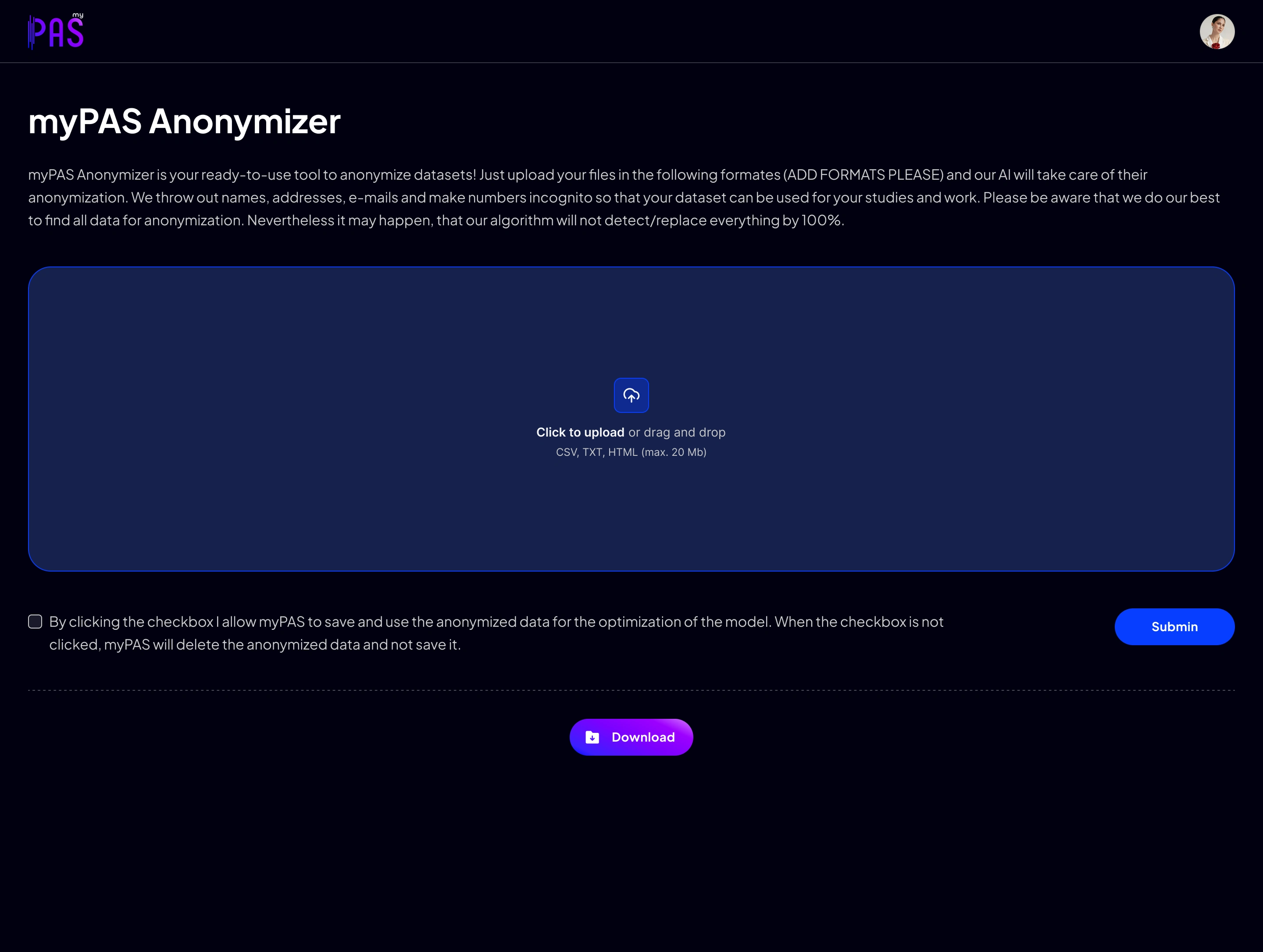 myPAS Anonymizer interface showing file upload area for anonymizing datasets and downloading processed files
